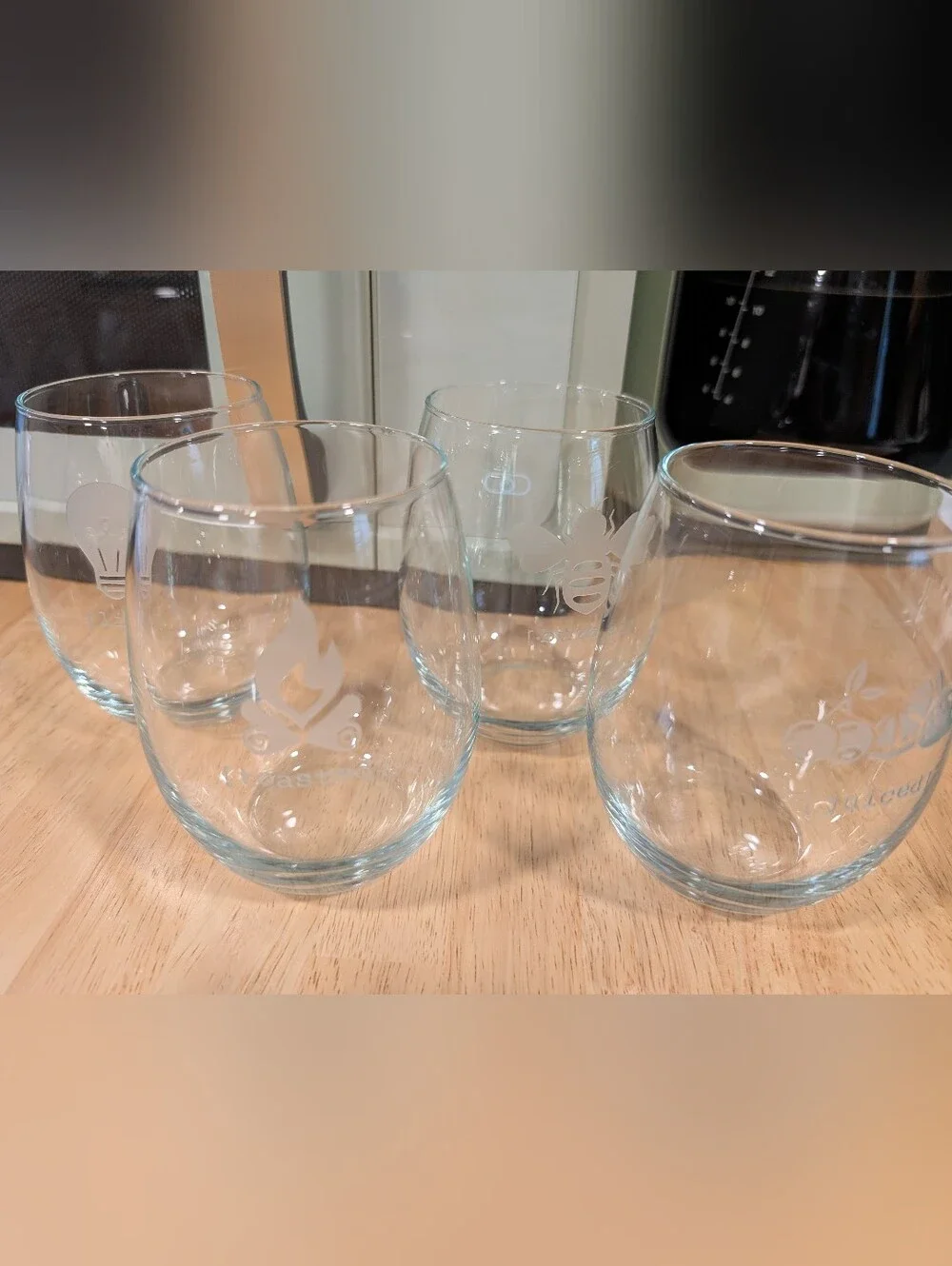 Clear Etched Stemless Glasses Set with Drinking Motifs
